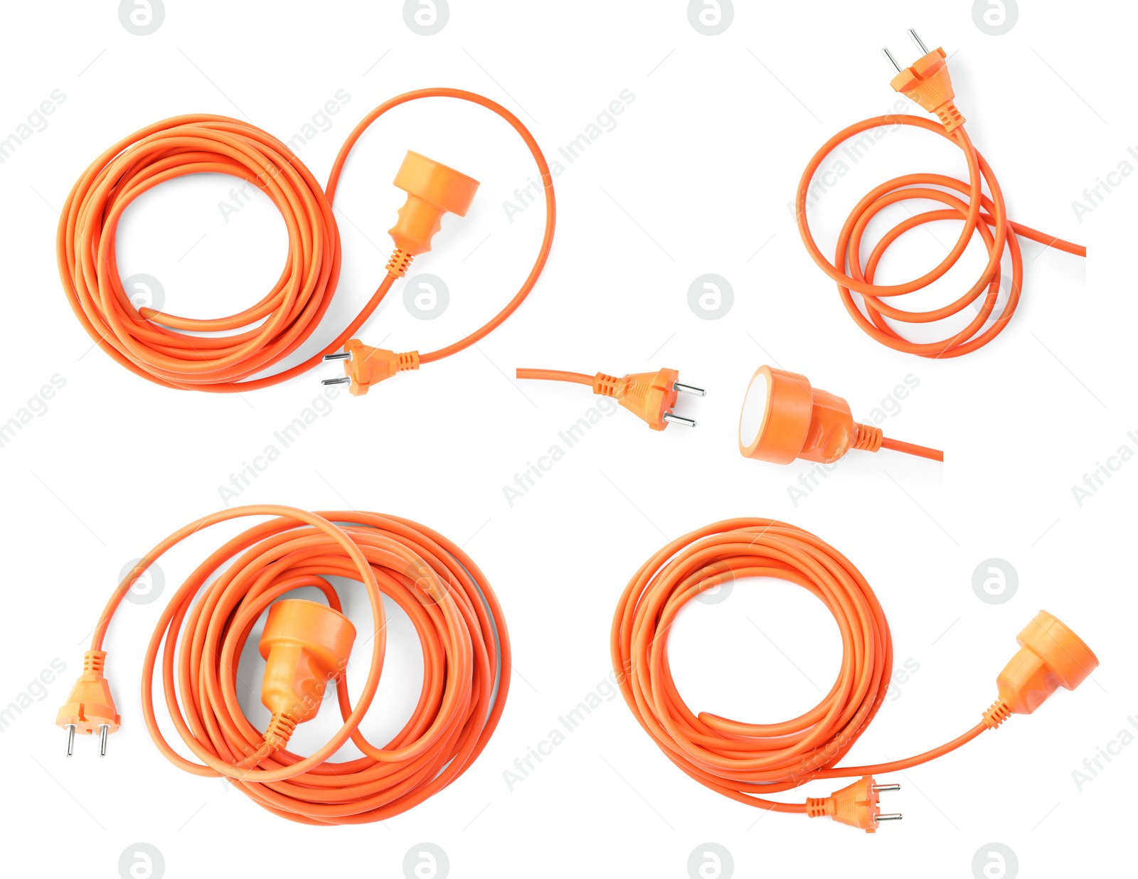 Image of Collage with orange extension cord on white background, top view. Different sides