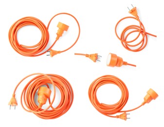 Image of Collage with orange extension cord on white background, top view. Different sides