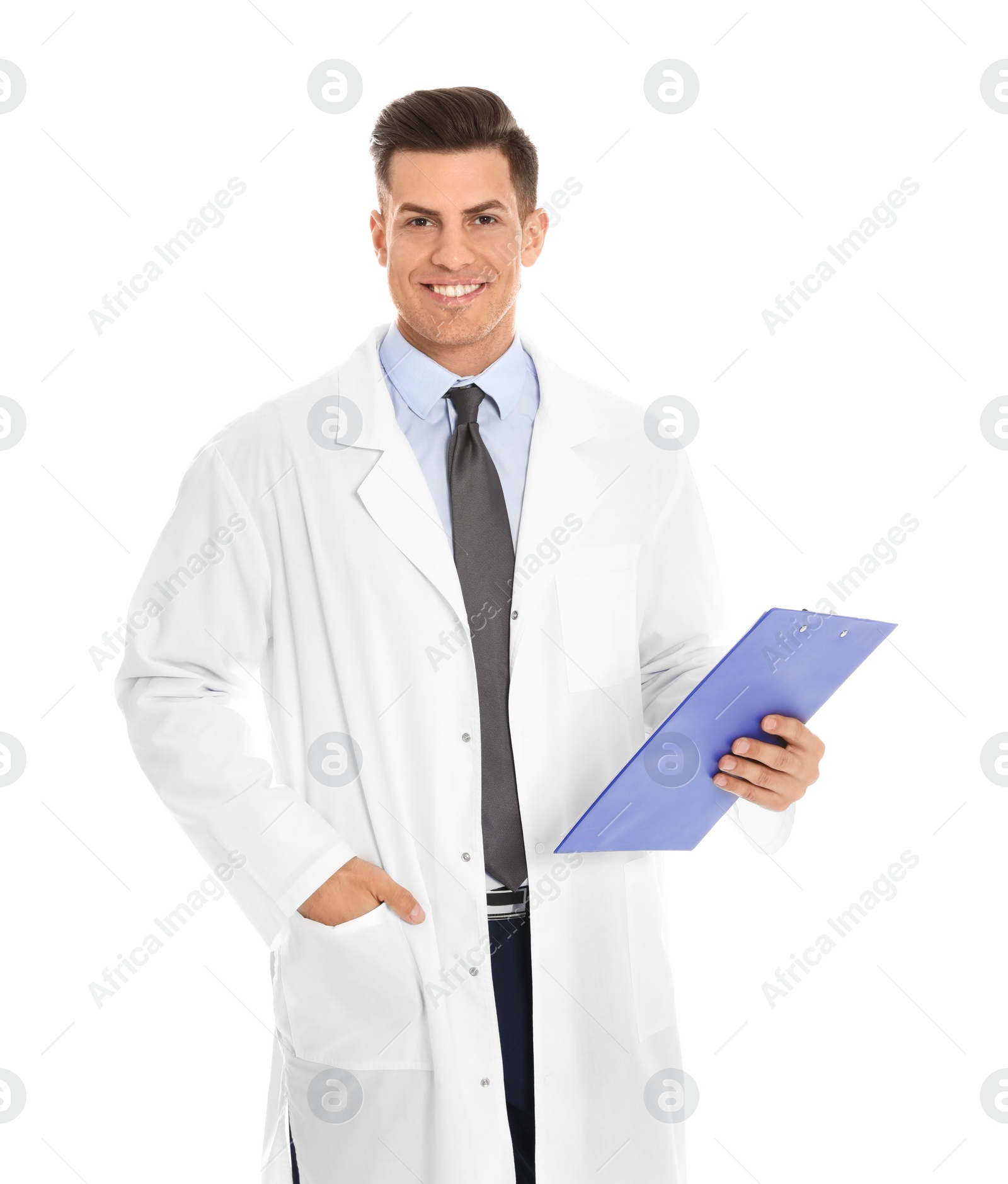 Photo of Portrait of medical doctor with clipboard isolated on white