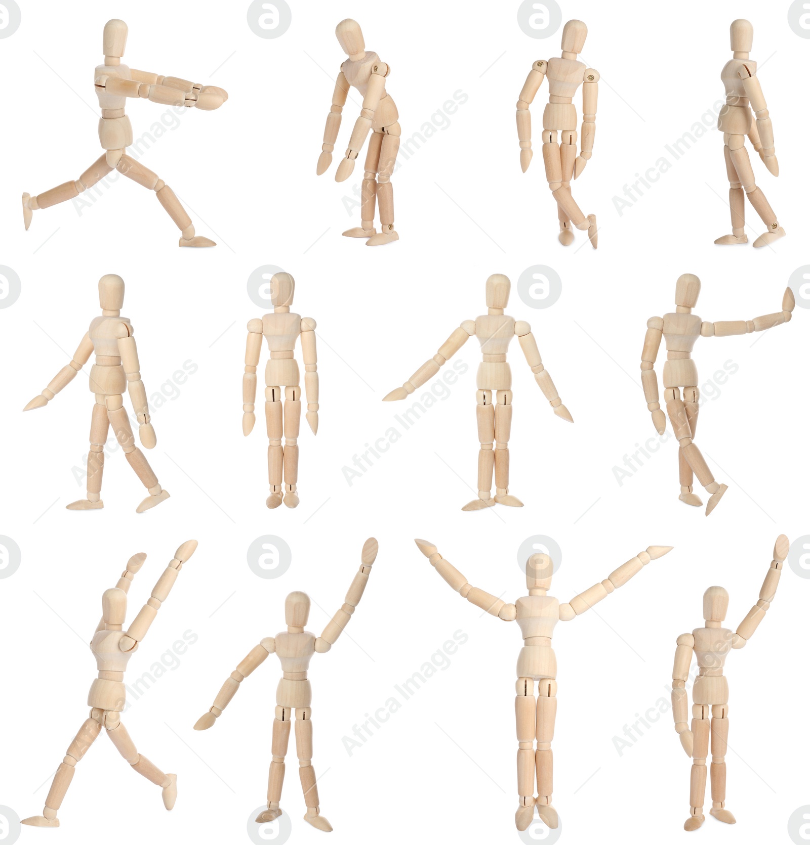 Image of Set with wooden human models in different poses on white background