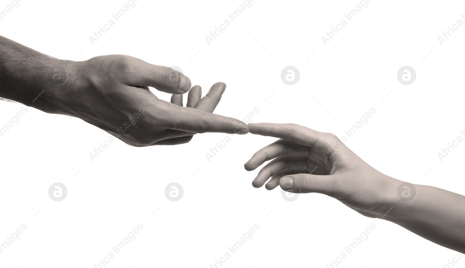 Image of Man and woman touching each other on white background, closeup view of hands. Black and white effect