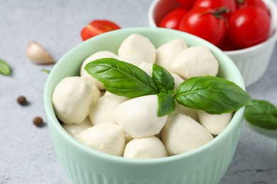 Photo of Delicious mozzarella balls in bowl and basil leaves on light gray table, closeup