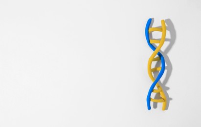 Photo of DNA molecule model madecolorful plasticine on white background, top view. Space for text