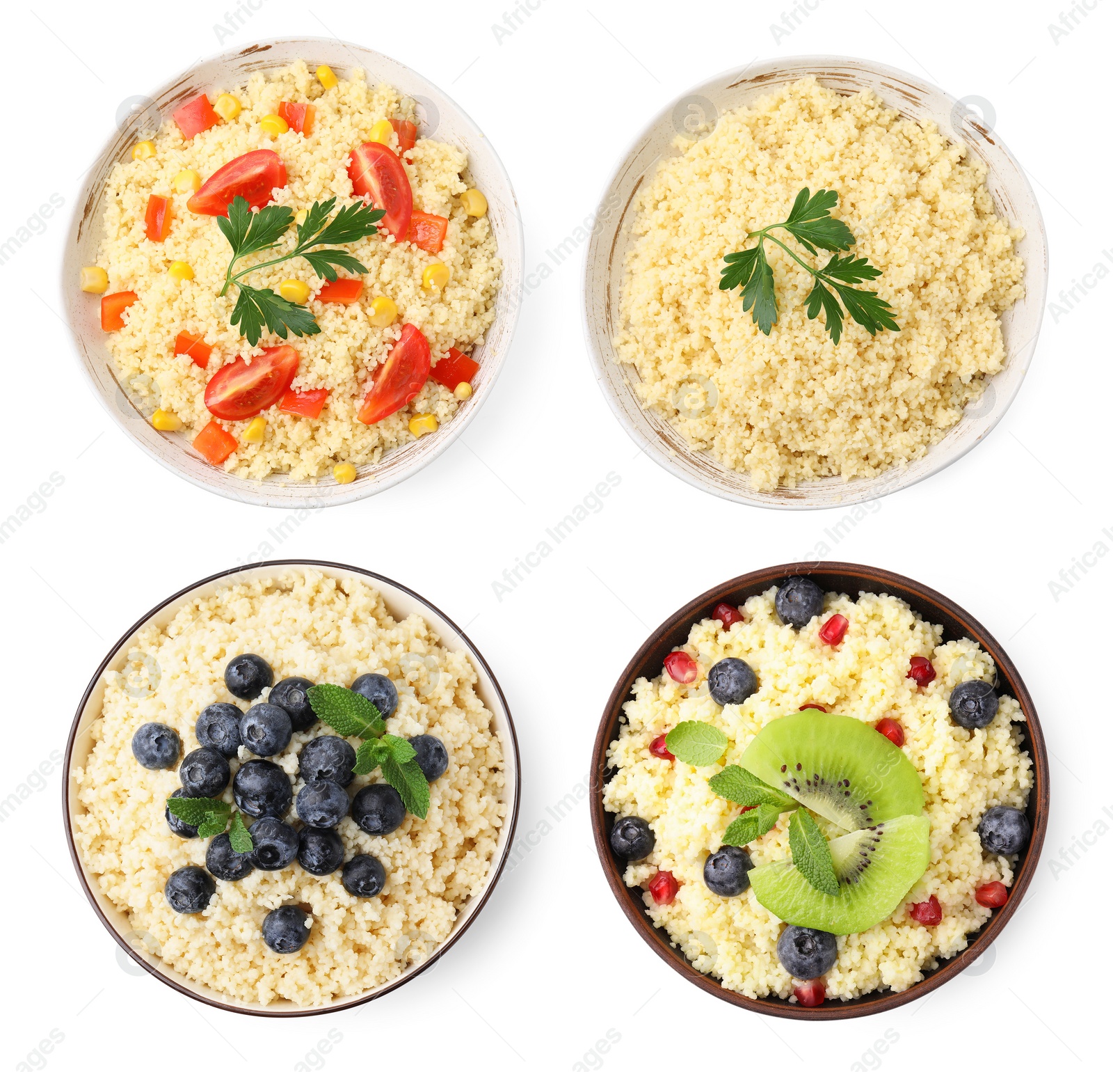 Image of Tasty couscous in bowls isolated on white, top view