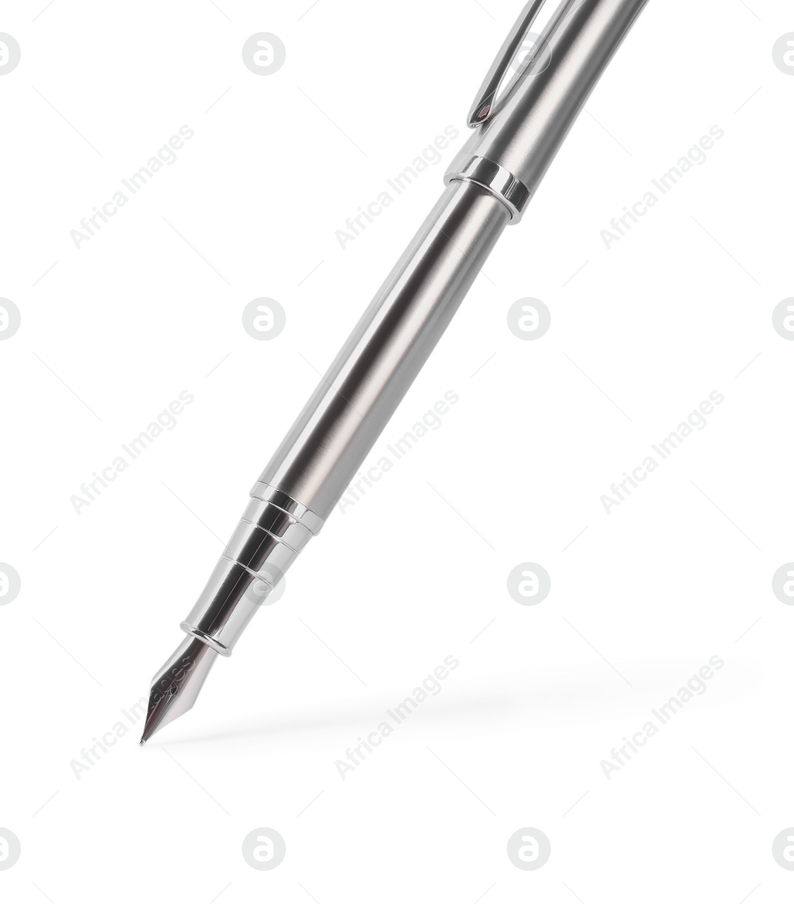 Photo of Stylish silver fountain pen isolated on white