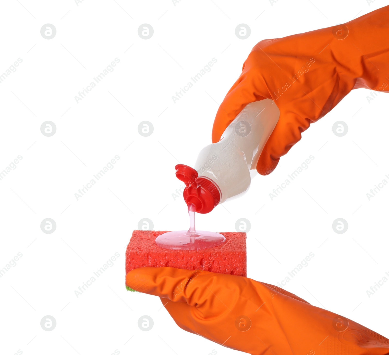 Photo of Person pouring cleaning product for dish washing onto sponge on white background, closeup