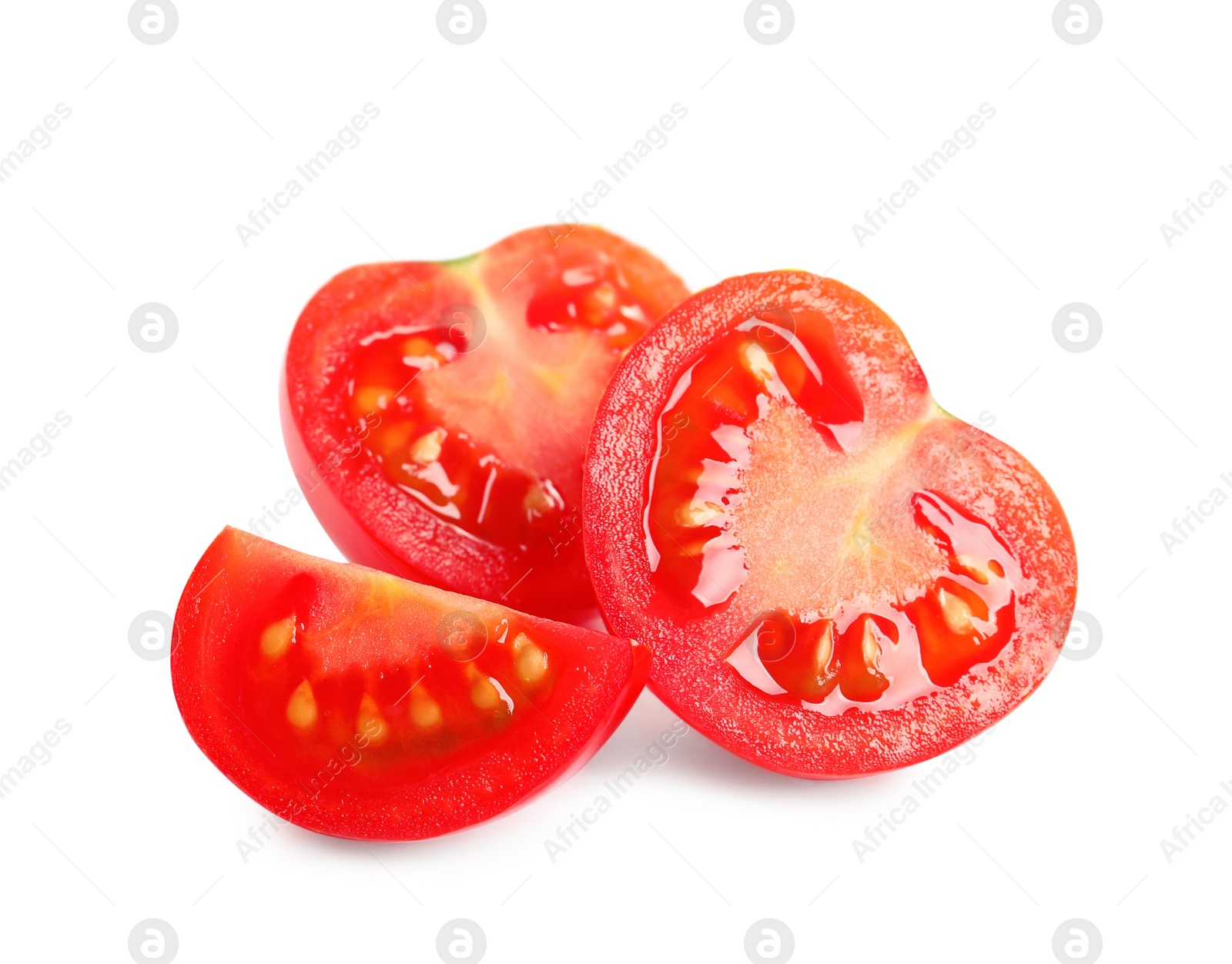 Photo of Cut fresh cherry tomatoes isolated on white