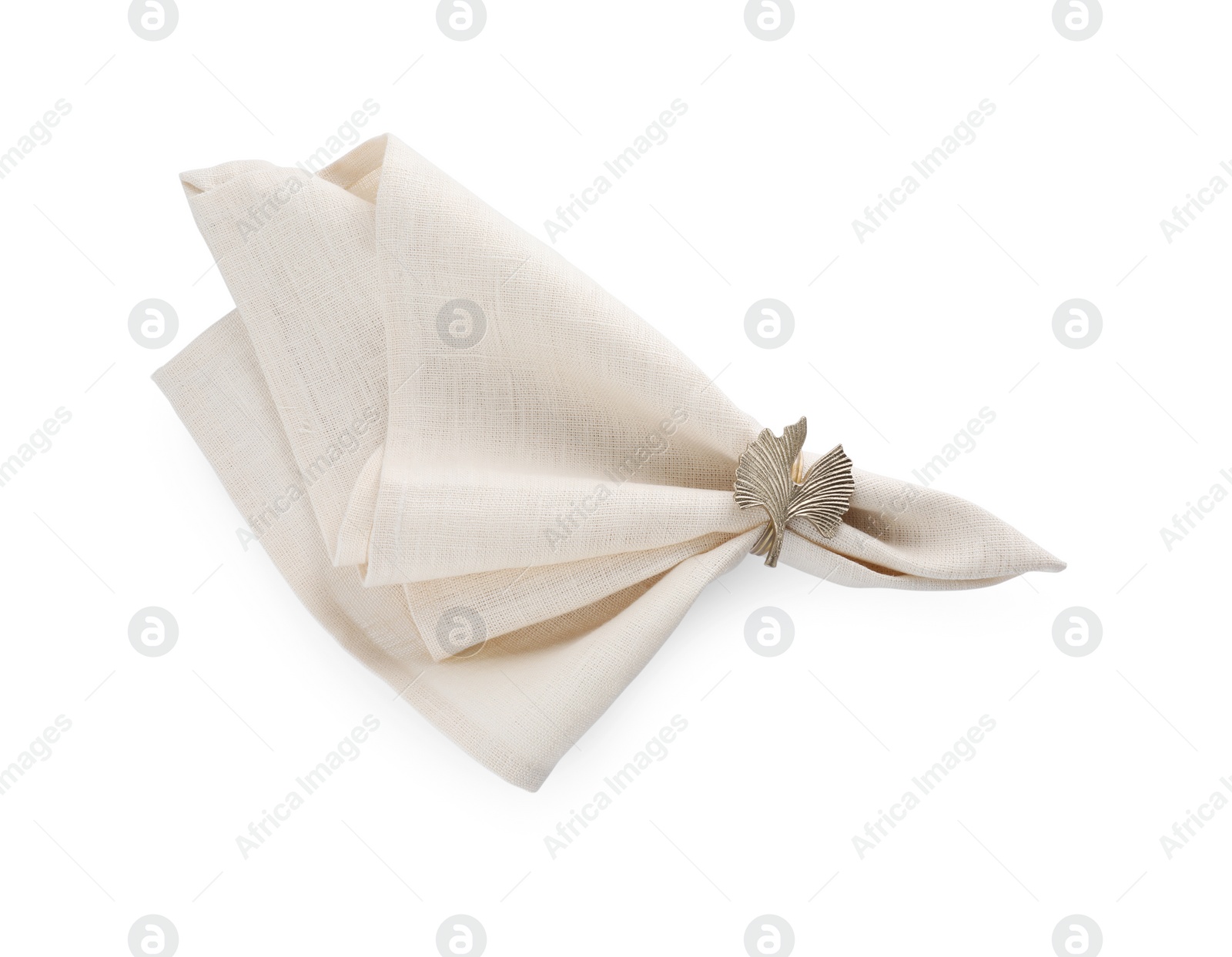 Photo of Napkin with decorative ring for table setting isolated on white, top view