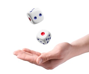 Image of Man throwing dice on white background, closeup