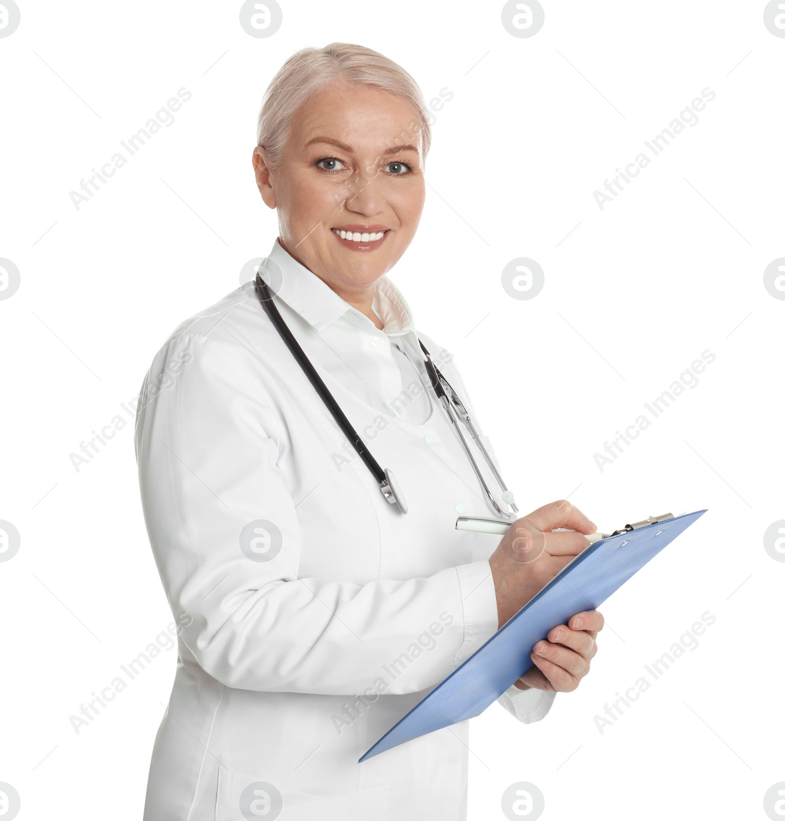 Photo of Mature doctor with clipboard on white background