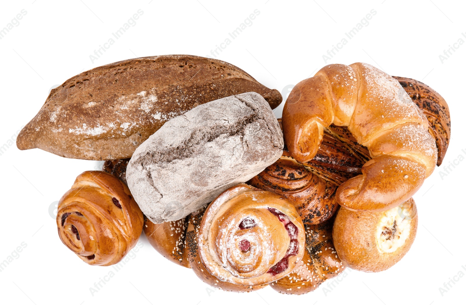 Photo of Fresh breads and pastries on white background, top view