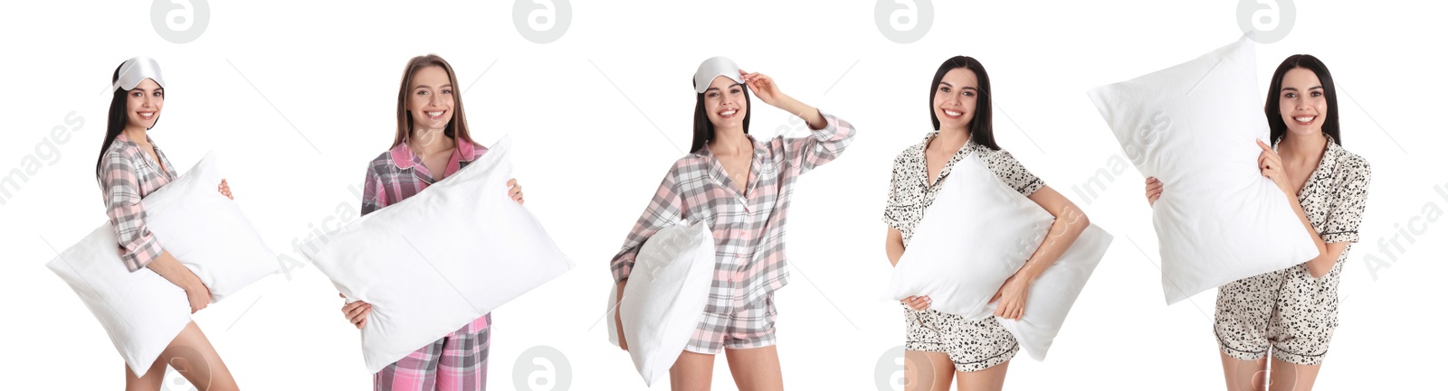 Image of Collage with photos of young women holding soft pillows on white background. Banner design