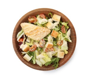 Photo of Delicious Caesar salad in bowl isolated on white, top view