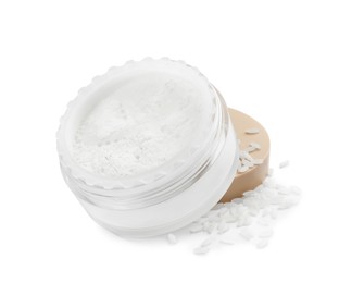 Photo of Loose face powder and rice isolated on white. Makeup product