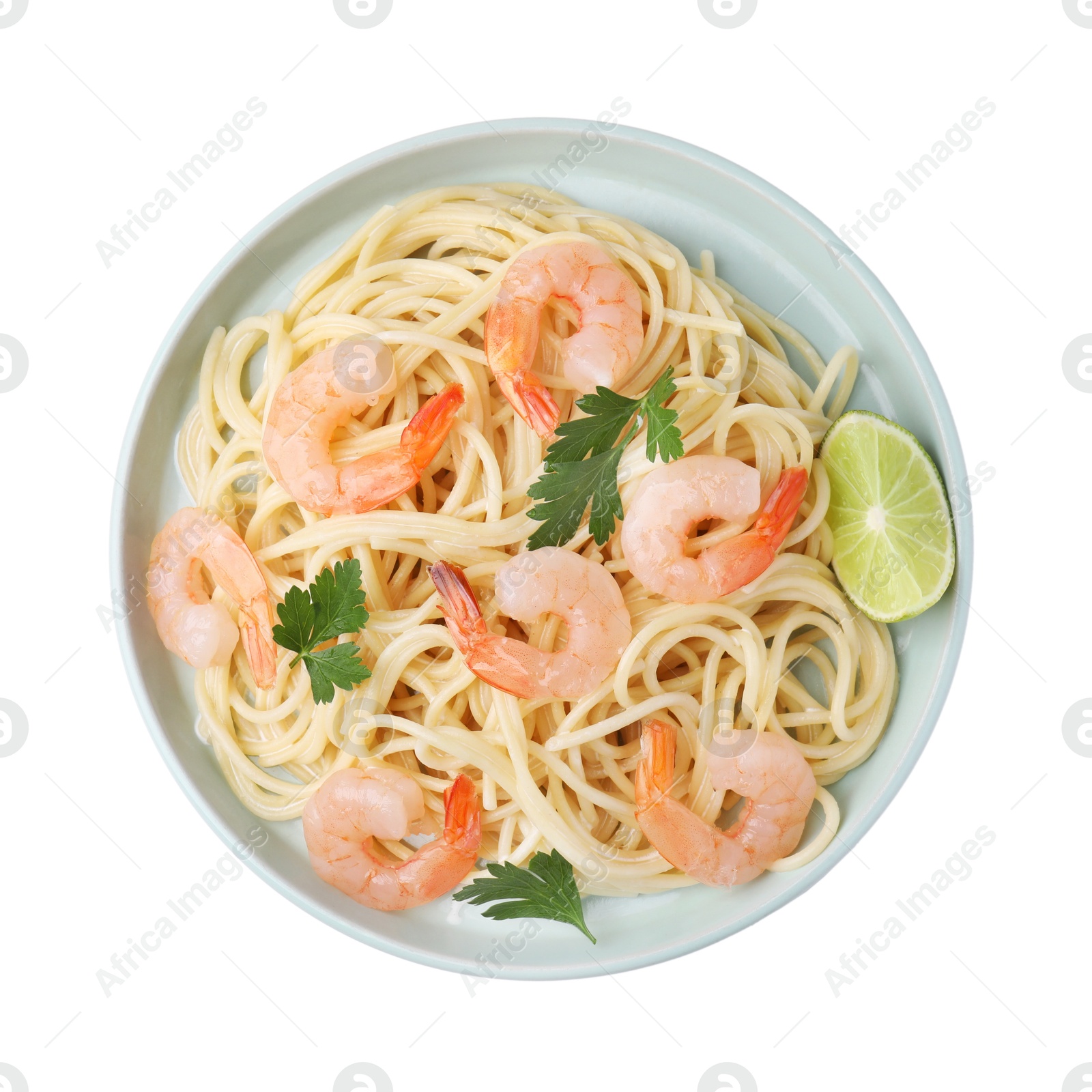 Photo of Tasty spaghetti with shrimps, lime and parsley isolated on white, top view