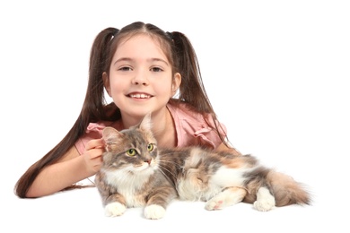 Photo of Cute little girl with cat on white background