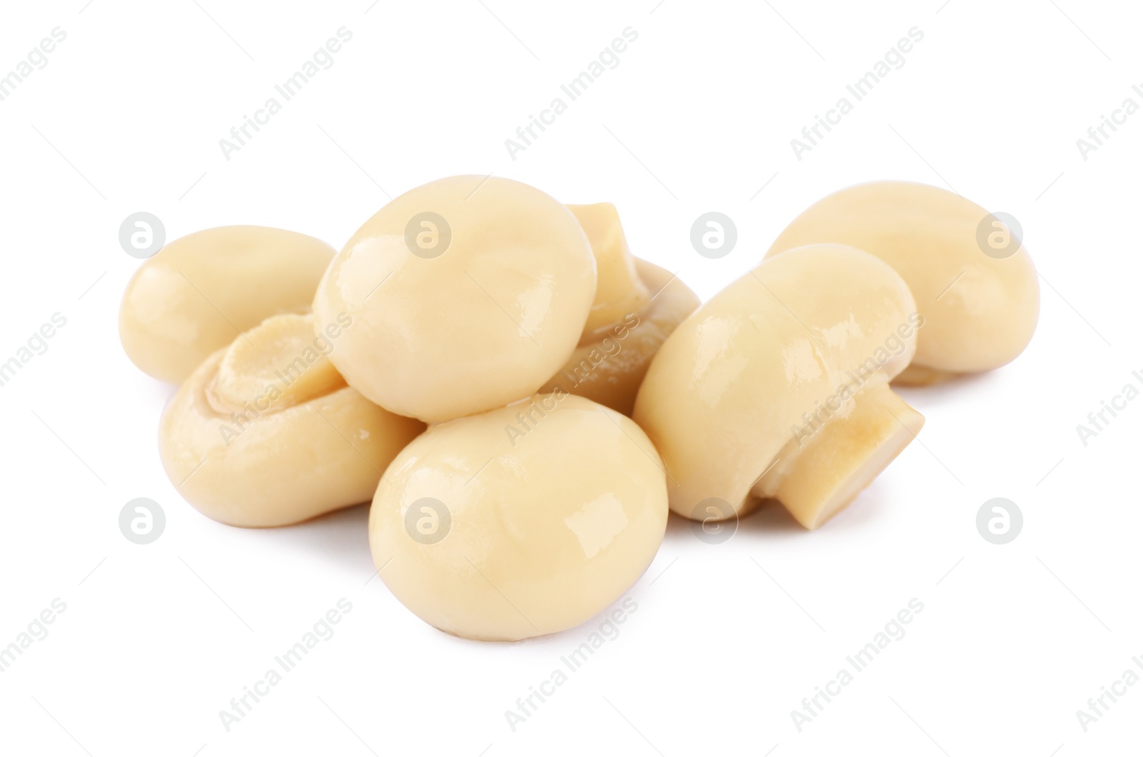Photo of Heap of delicious marinated mushrooms isolated on white