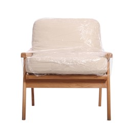 Armchair wrapped in stretch film on white background