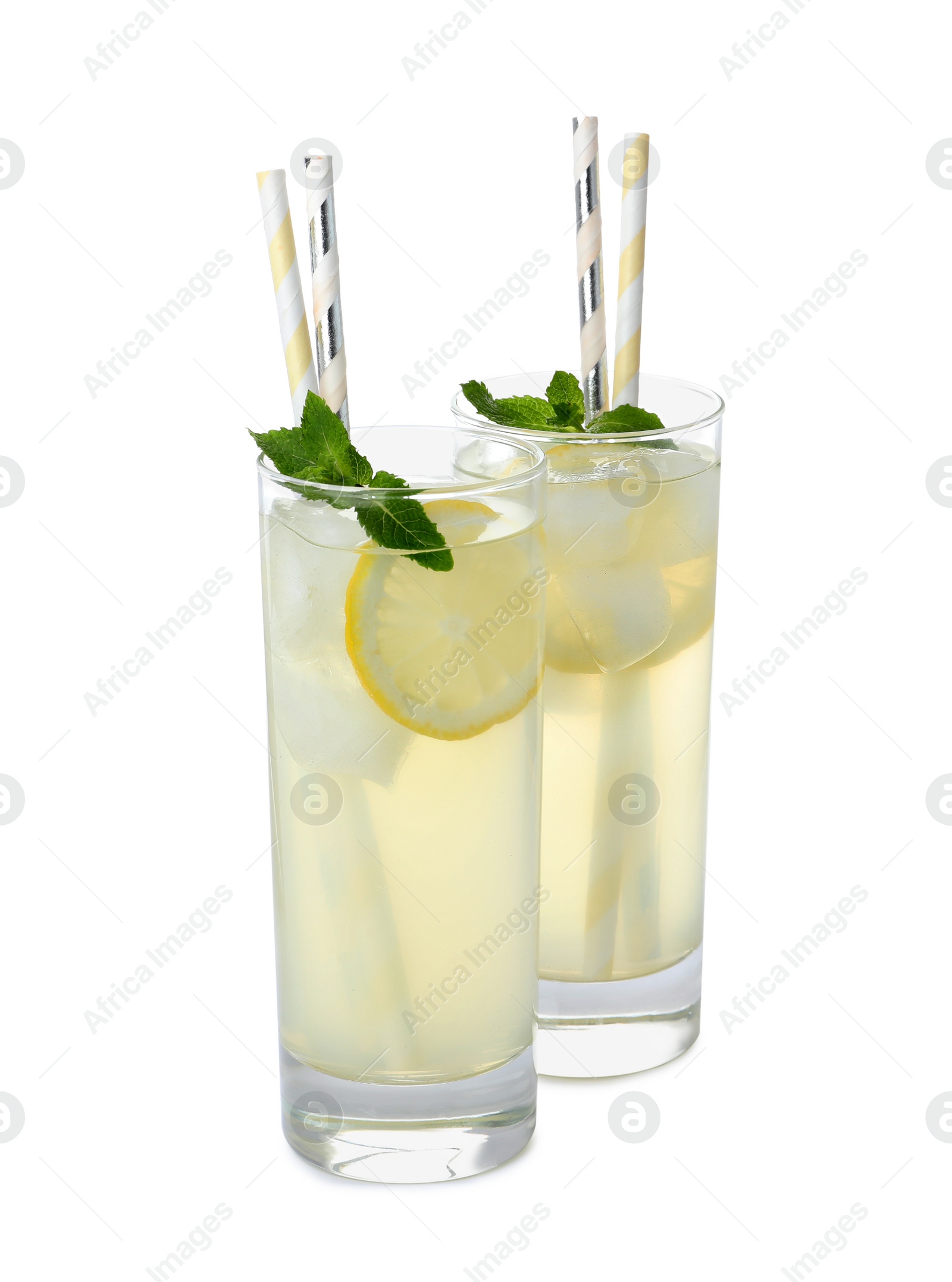 Photo of Natural lemonade with mint on white background. Summer refreshing drink