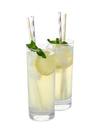 Photo of Natural lemonade with mint on white background. Summer refreshing drink