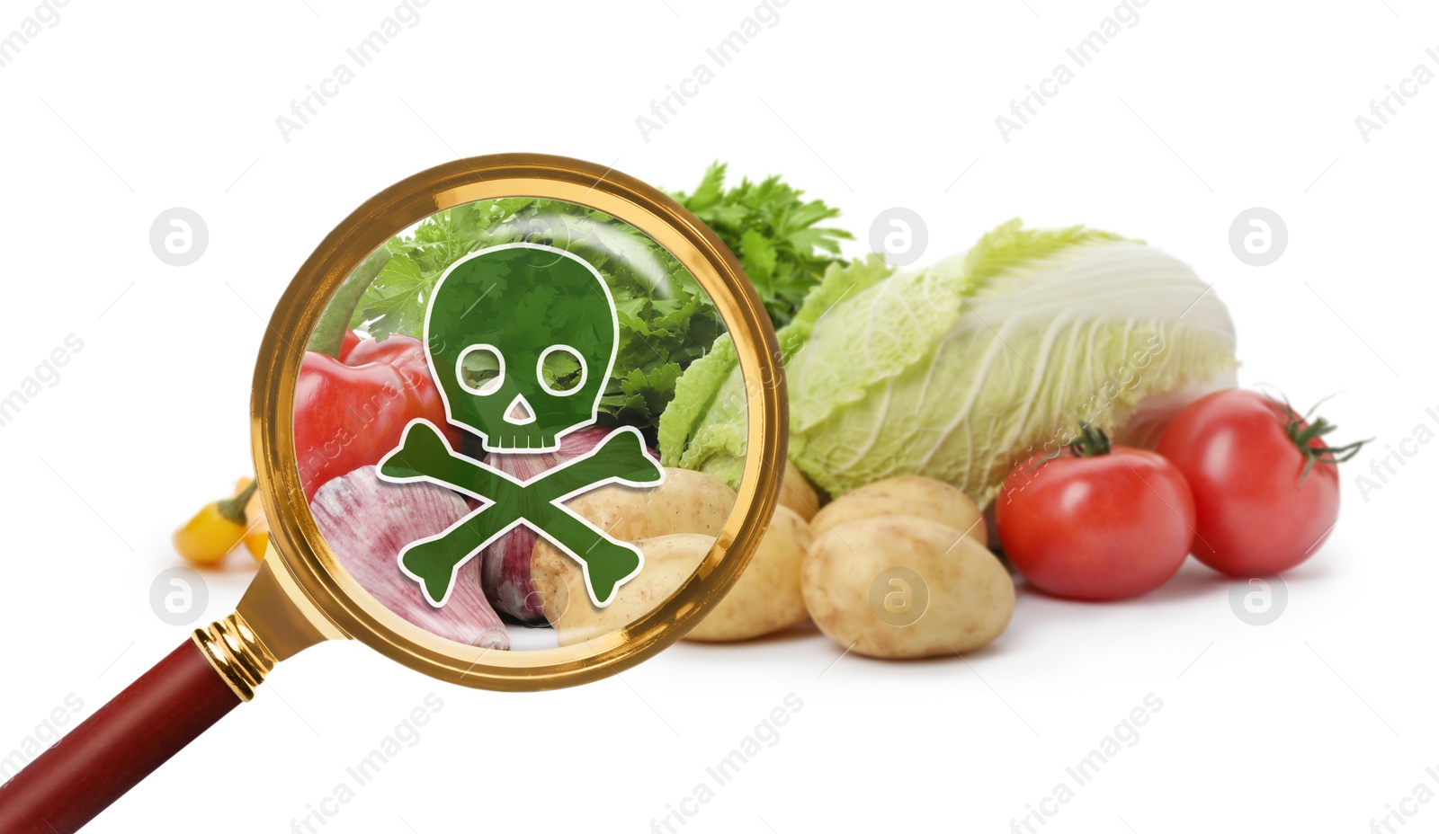 Image of Magnifying glass and vegetables on white background. Food poisoning concept  