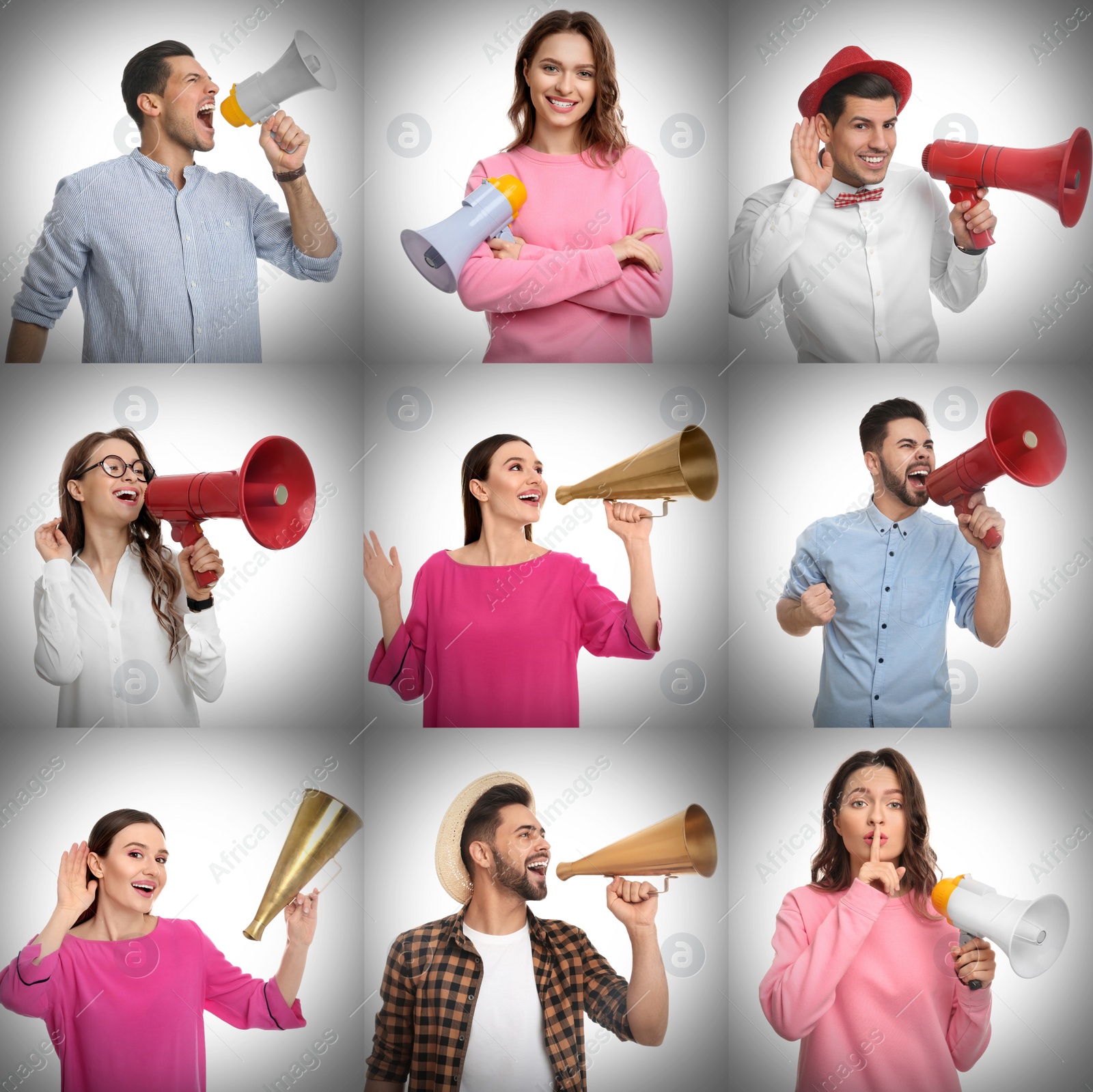 Image of Collage of people with megaphones on light background