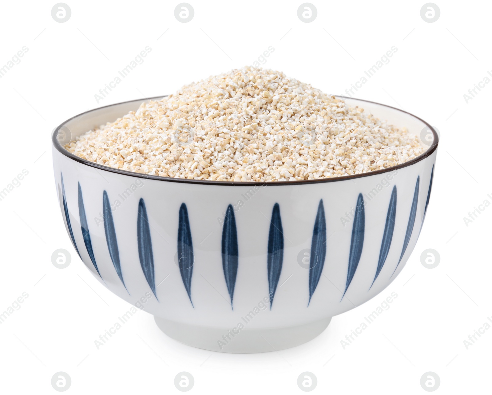 Photo of Raw barley groats in bowl isolated on white