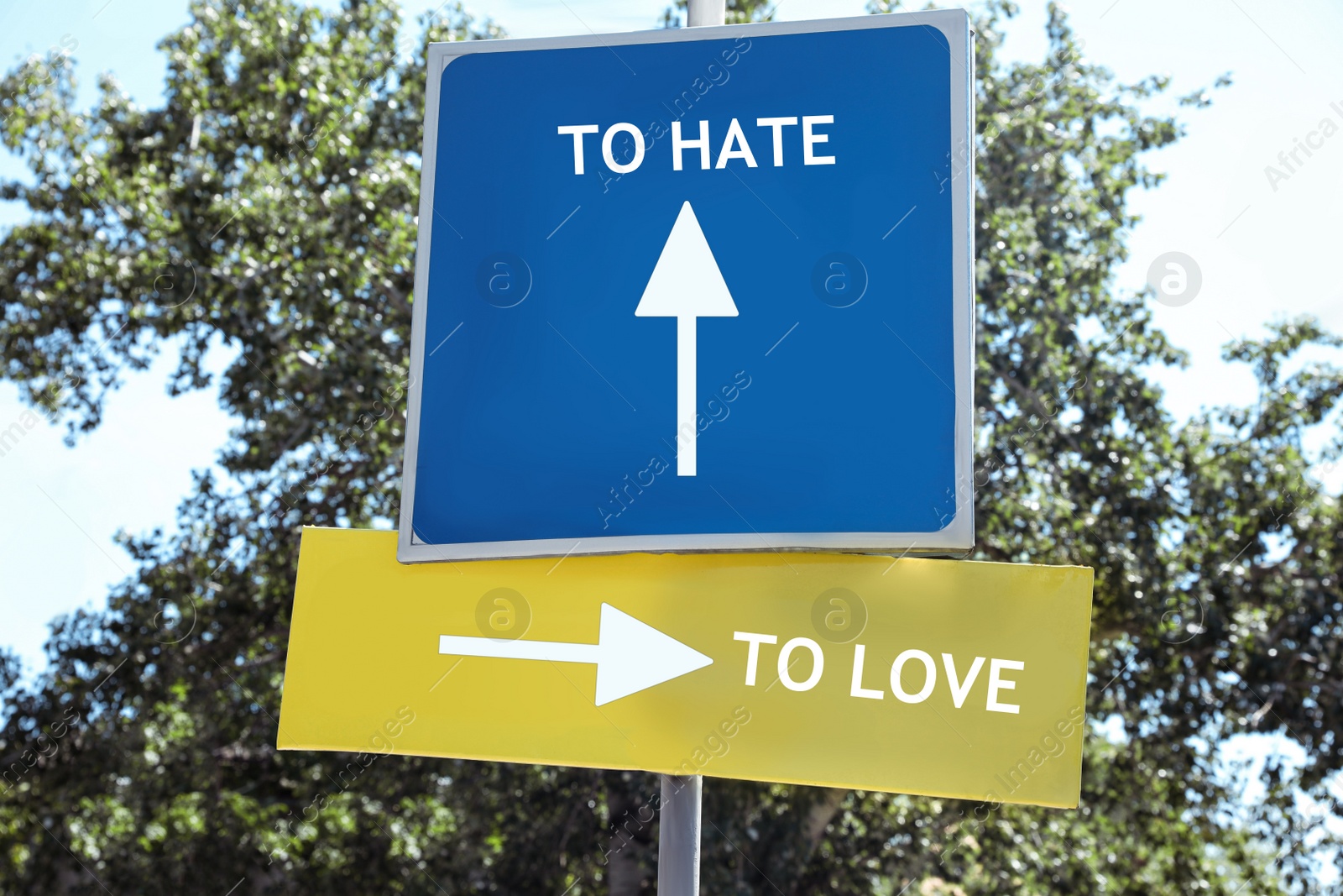 Image of Road signs with different directions - TO HATE or TO LOVE outdoors