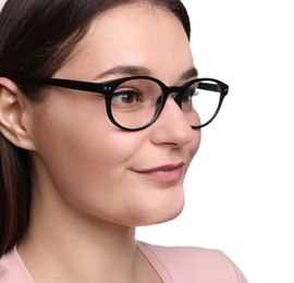 Photo of Beautiful woman with glasses on white background