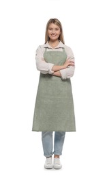 Beautiful young woman in clean apron on white background