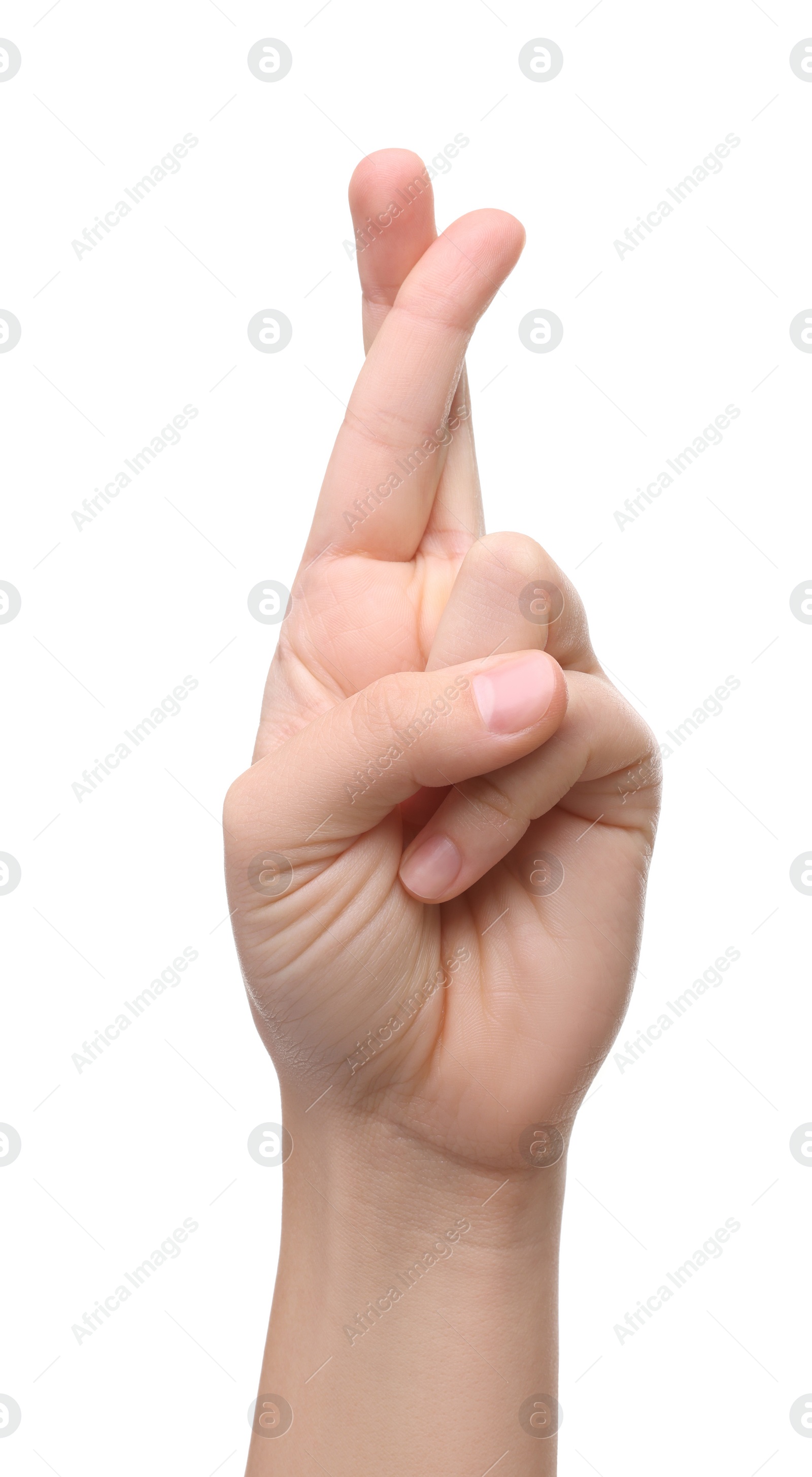 Photo of Woman crossing her fingers on white background, closeup