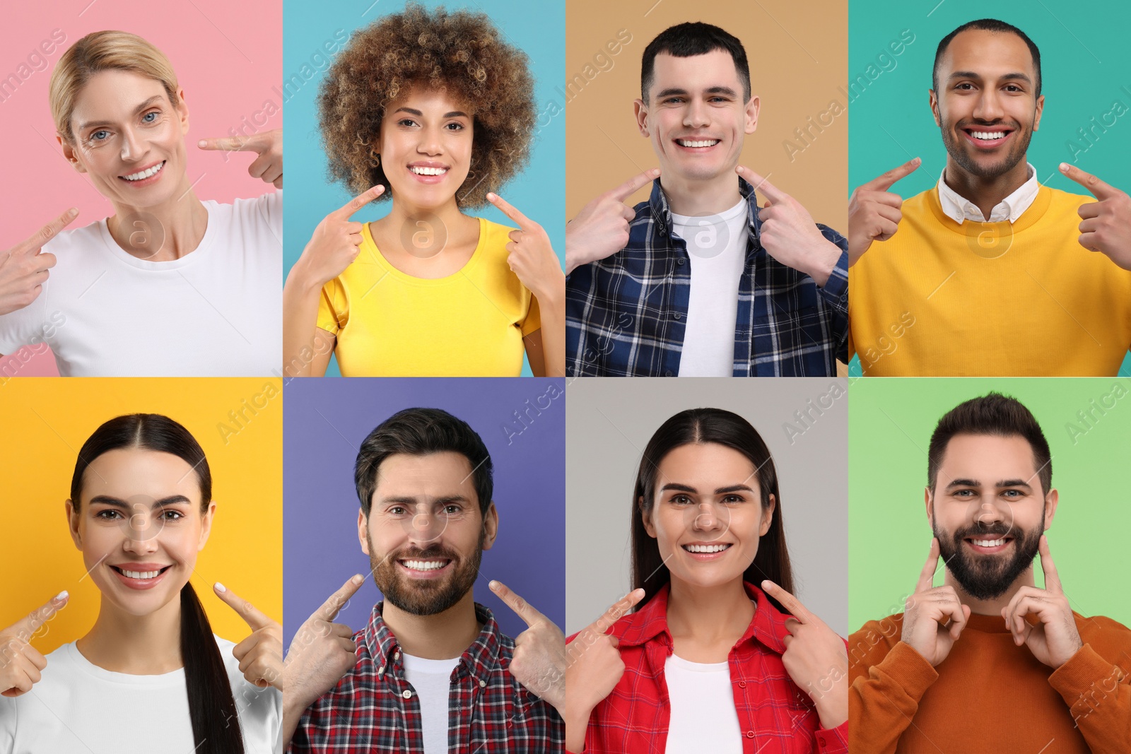 Image of People with showing white teeth on different color backgrounds, collage of photos