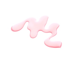 Photo of Spilled color nail polish on white background