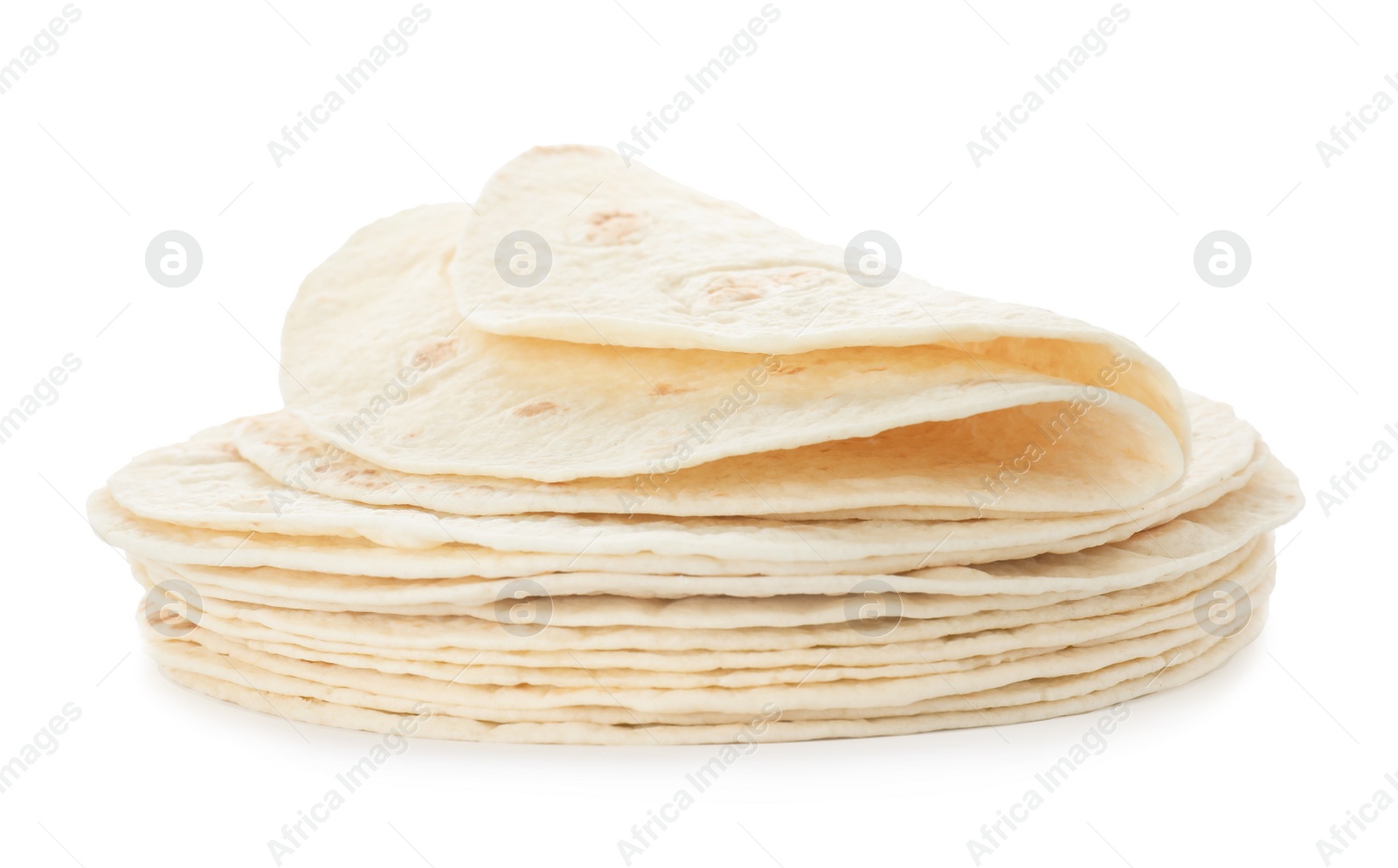 Photo of Stack of corn tortillas on white background. Unleavened bread