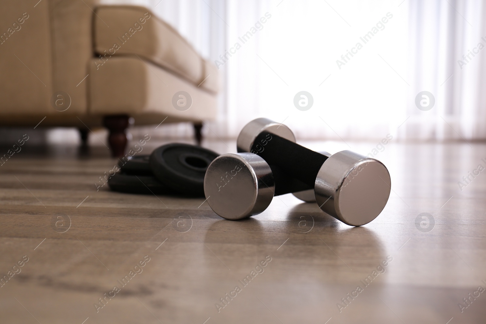 Photo of Dumbbells and weight plates on floor in room. Home fitness