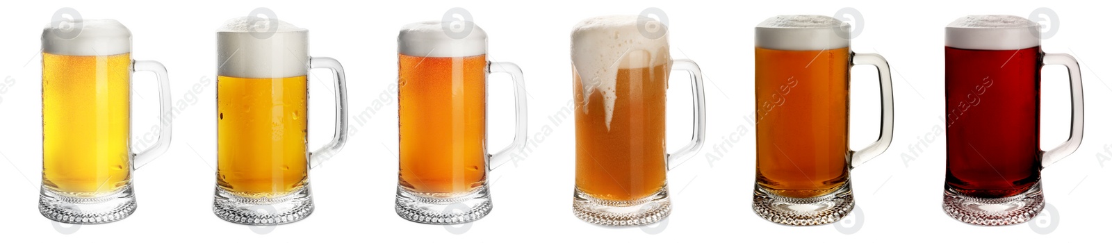 Image of Set with mugs of cold tasty beer on white background. Banner design