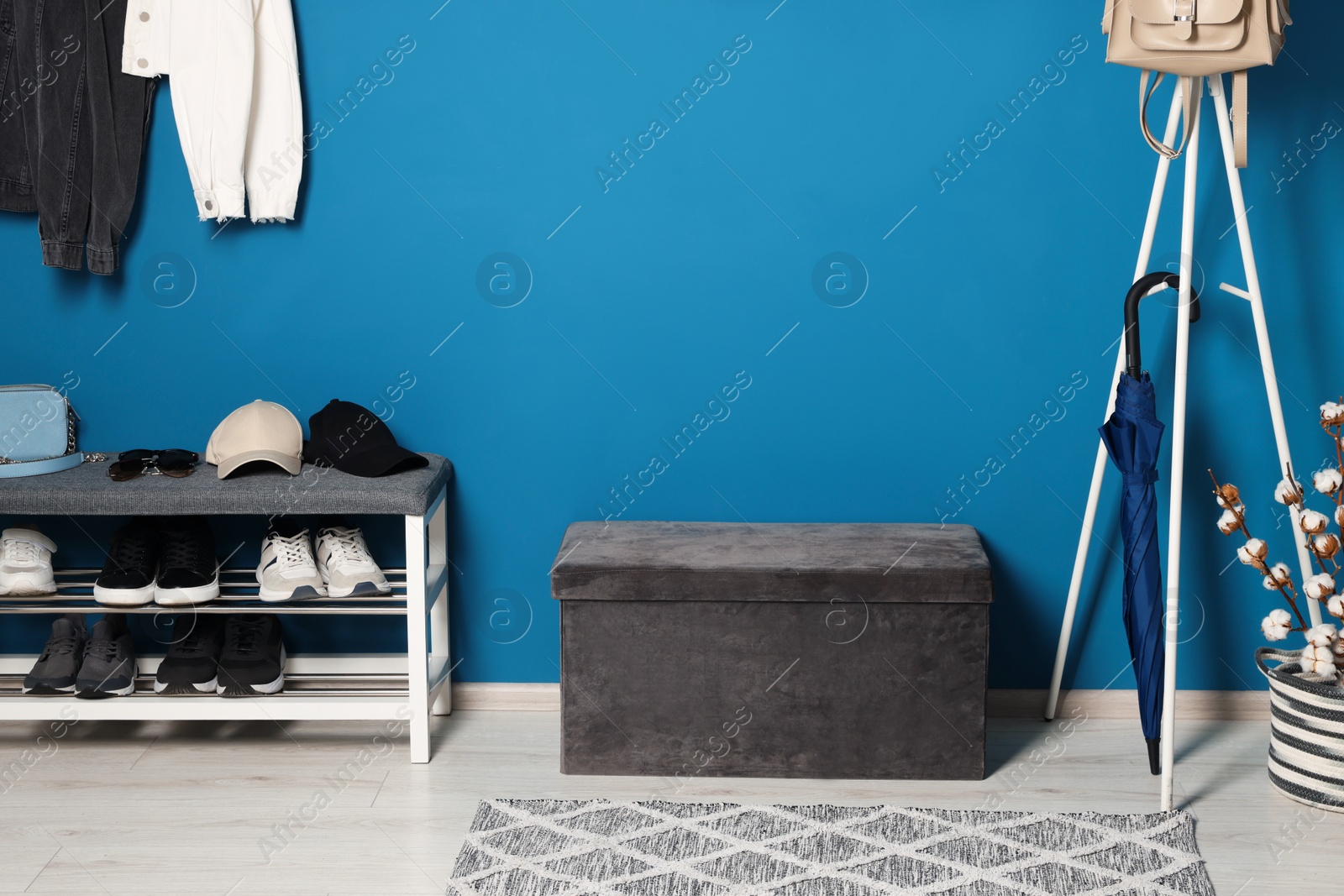 Photo of Stylish hallway with cosy furniture near blue wall. Interior design