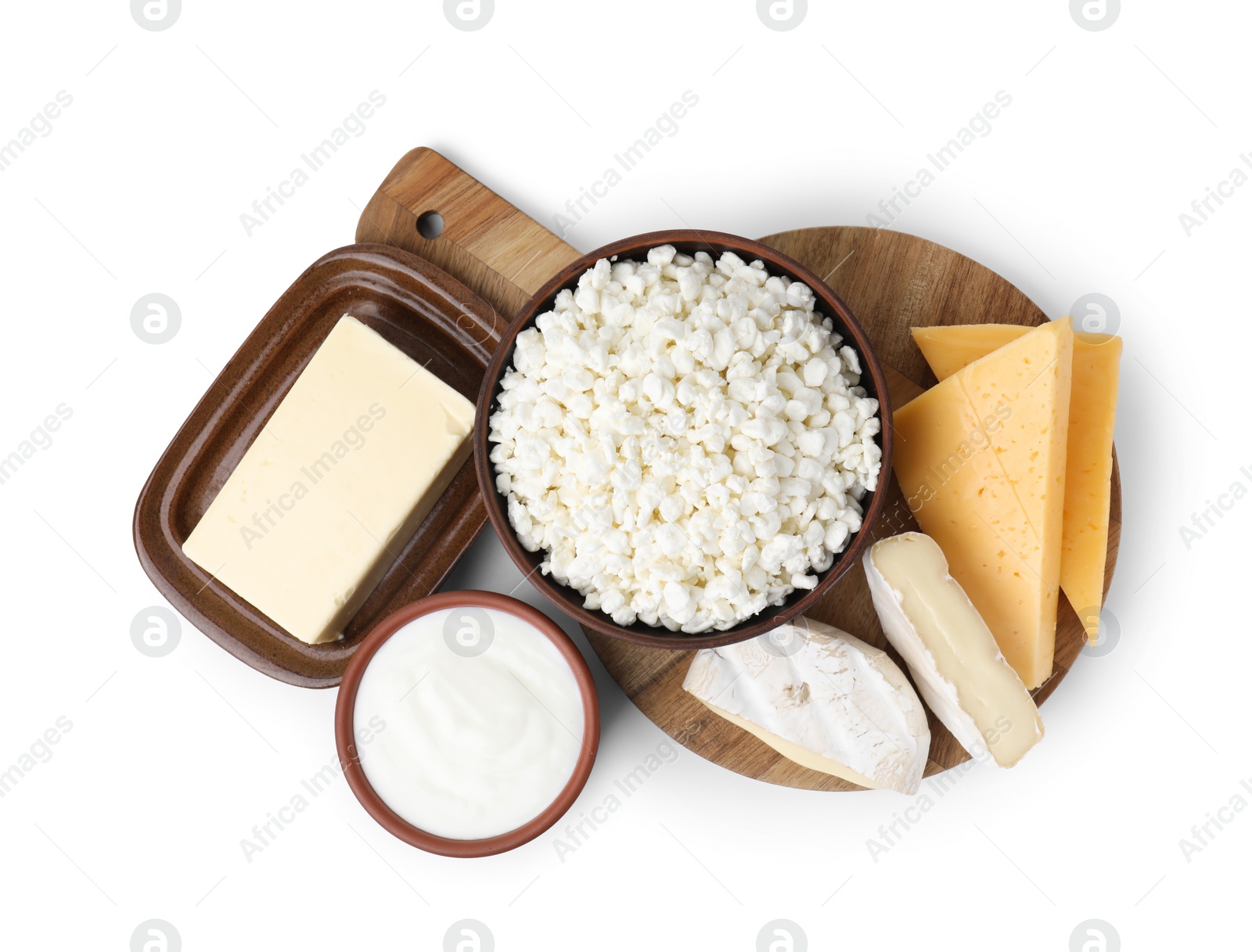 Photo of Different fresh dairy products isolated on white, top view