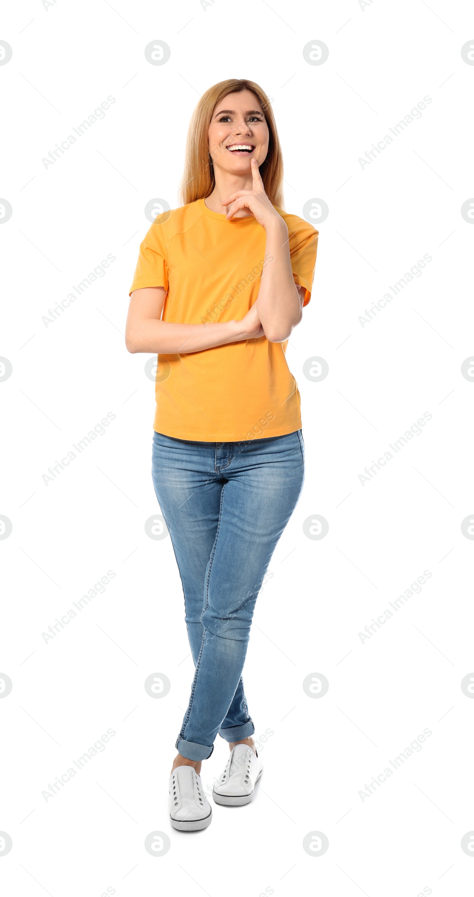 Photo of Full length portrait of happy beautiful woman on white background