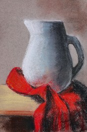 Photo of Pastel drawing of jug with red cloth on table