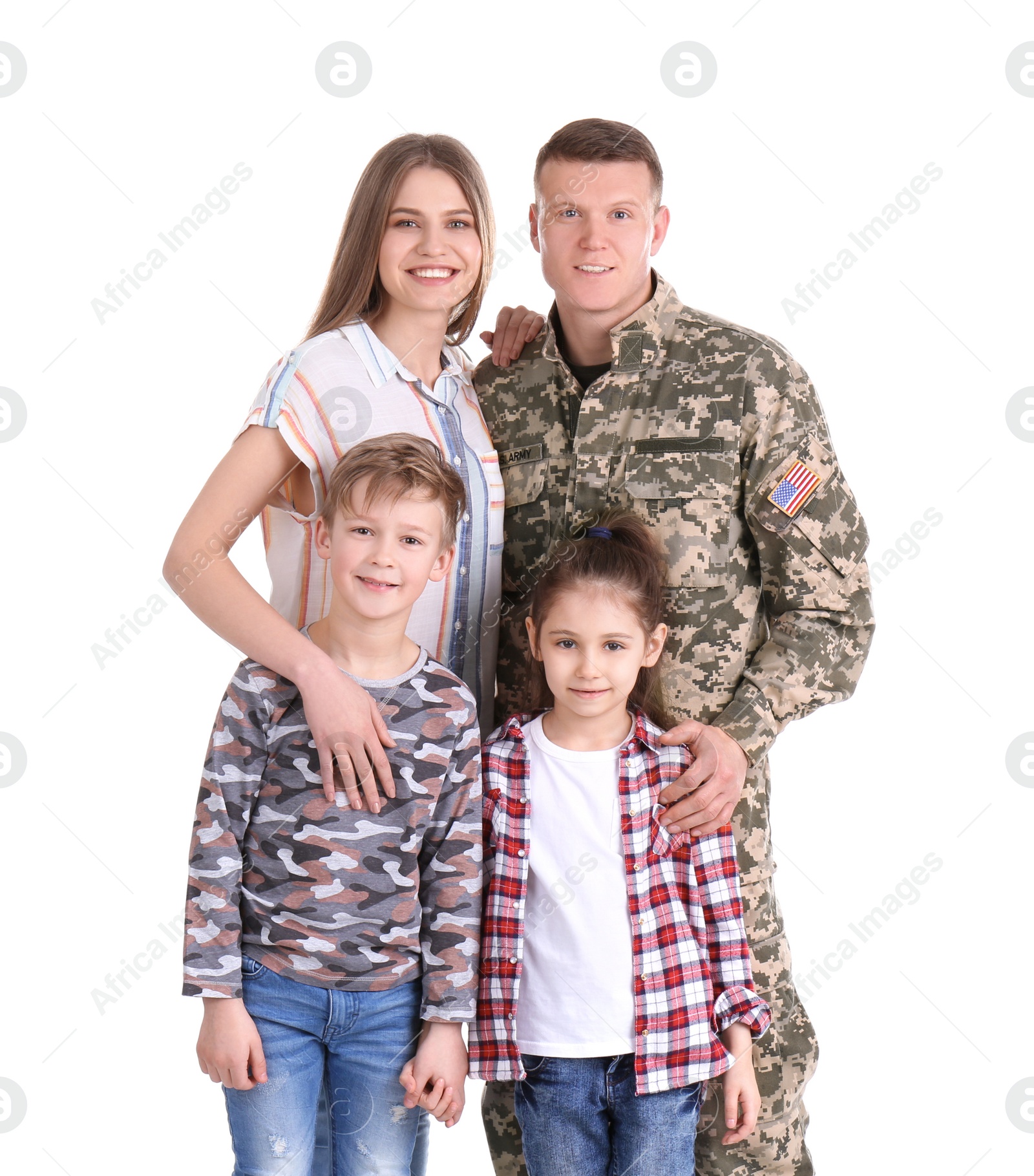 Photo of Male soldier with his family on white background. Military service