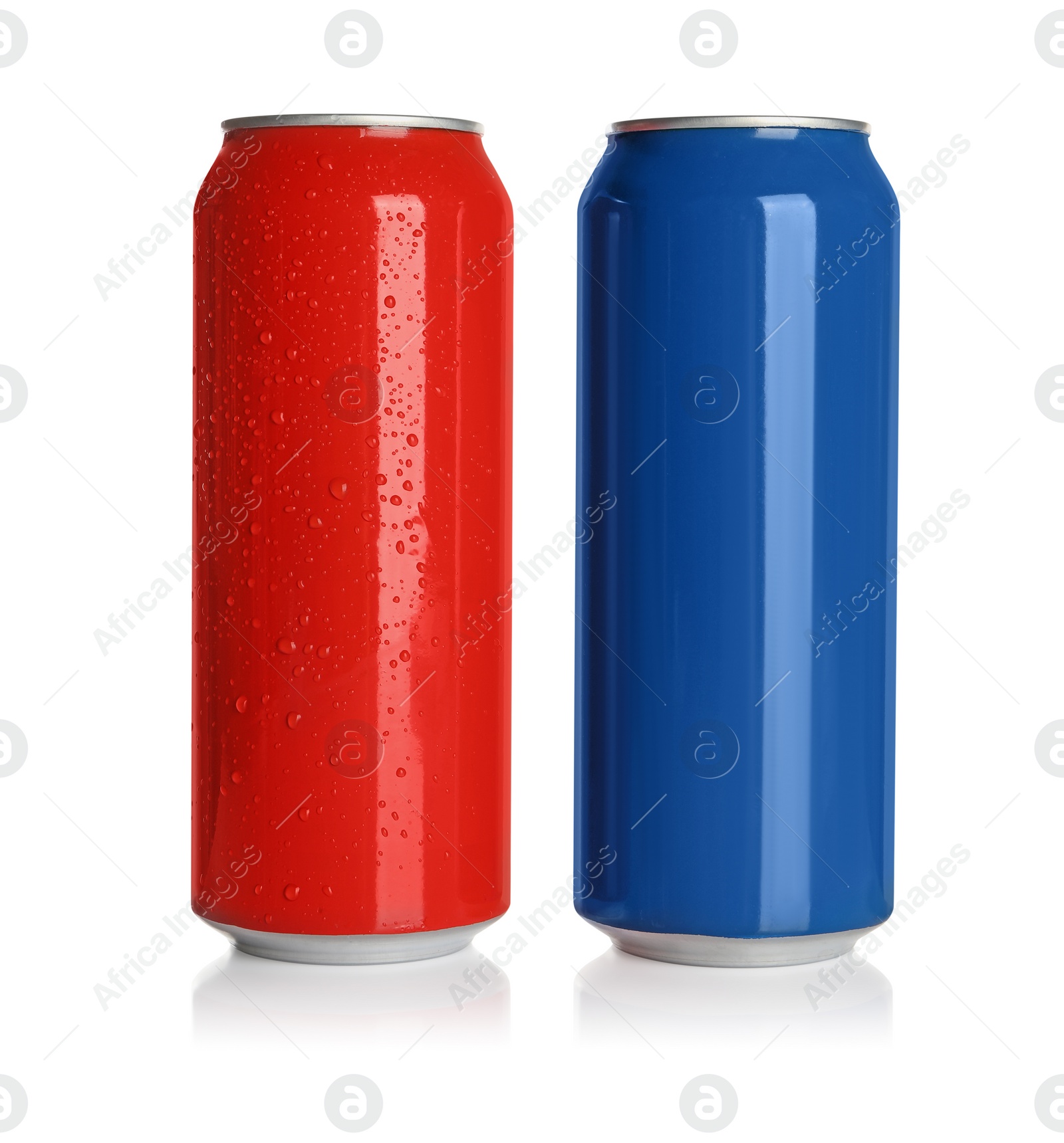 Photo of Aluminum cans with drinks on white background