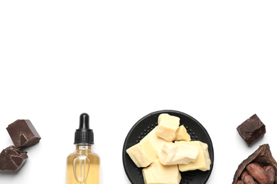 Photo of Composition with organic cocoa butter on white background, top view