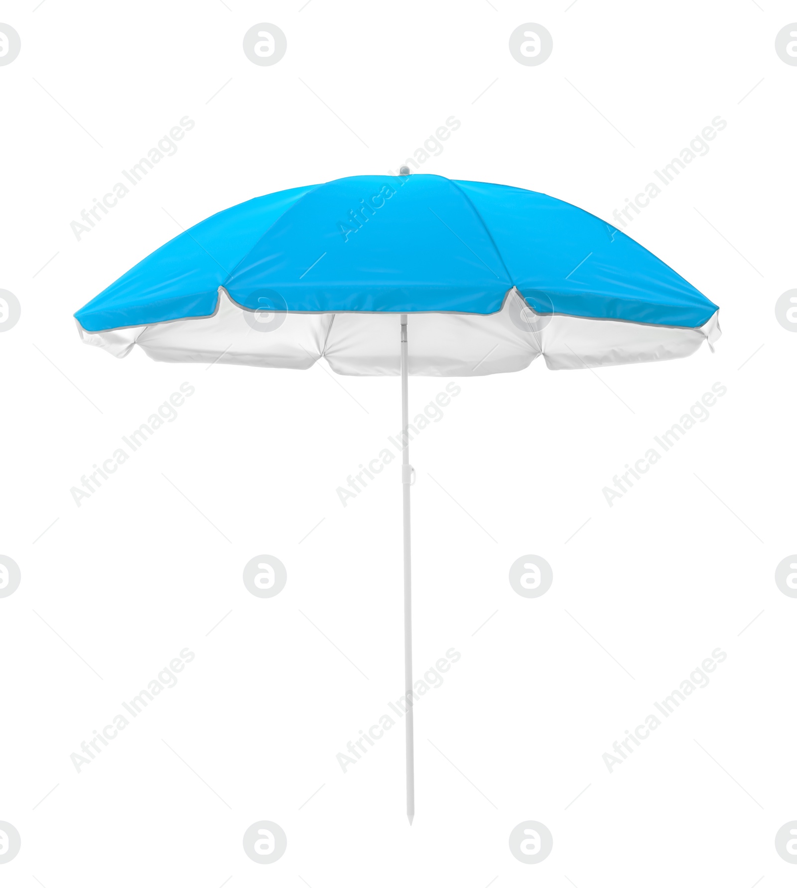 Image of Open light blue beach umbrella isolated on white