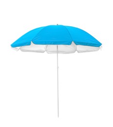 Open light blue beach umbrella isolated on white