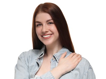 Portrait of smiling woman on white background