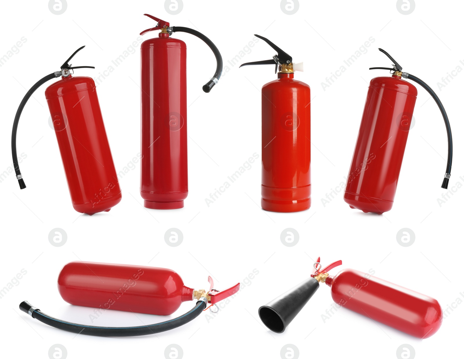 Image of Set with fire extinguishers on white background