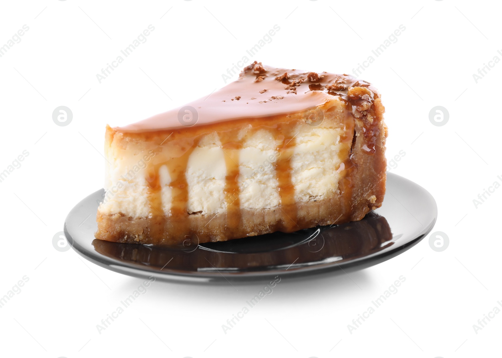 Photo of Piece of delicious cake with caramel isolated on white