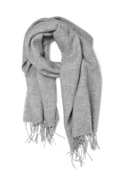 Photo of Stylish grey cashmere scarf isolated on white, top view