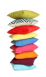 Photo of Stack of colorful decorative pillows on white background